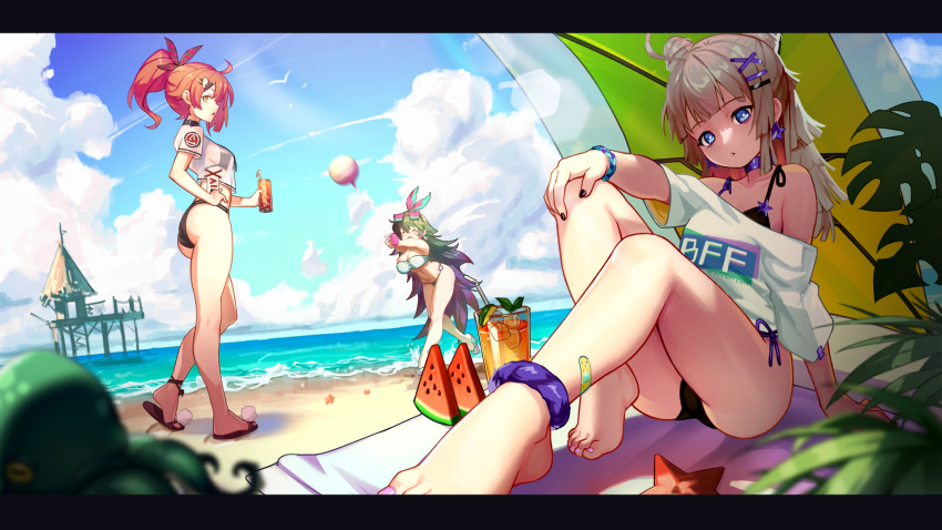 3girls aa-12_(girls_frontline) ahoge ankle_scrunchie arm_support ball bandeau bangs bare_legs barefoot beach beach_mat beachball bikini bikini_under_clothes black_choker black_nails blue_eyes blue_sky blurry blurry_foreground breasts brown_footwear brown_hair can character_request choker clouds commentary_request crop_top day double_bun drinking_straw earrings eyewear_on_head fingerless_gloves girls_frontline gloves gradient_hair green_bikini green_hair hair_ornament hair_ribbon hairclip hand_on_hip hand_on_own_knee hands_up highres holding holding_can jewelry large_breasts leaf long_hair looking_at_viewer lushiying medium_breasts motion_blur multicolored_hair multiple_girls nail_polish ocean octopus off_shoulder outdoors outstretched_arms parted_lips pink_footwear pink_gloves pink_nails pom_pom_(clothes) ponytail purple_choker purple_hair red_eyes ribbon sandals scrunchie see-through shirt short_sleeves side-tie_bikini single_fingerless_glove sitting sky standing standing_on_one_leg star_(symbol) star_earrings starfish strapless sunglasses swimsuit toenail_polish very_long_hair white_shirt wrist_scrunchie x_hair_ornament yellow_eyes