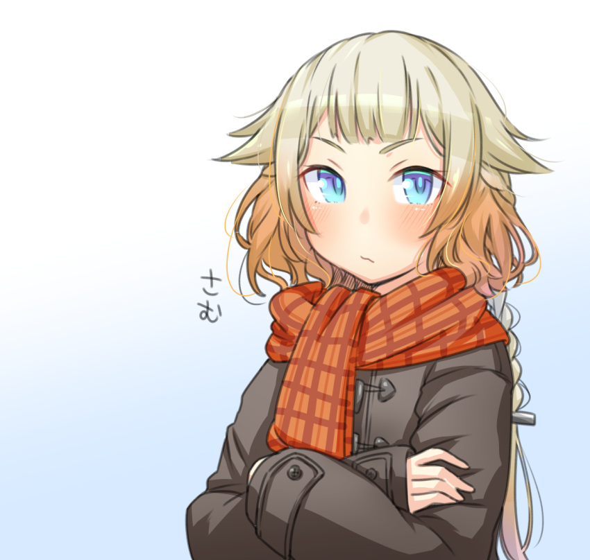 1girl bangs blonde_hair blue_eyes blush brown_coat cevio coat crossed_arms god_razor long_hair looking_at_viewer one_(cevio) ponytail red_neckwear scarf sidelocks sleeves_past_fingers sleeves_past_wrists solo translation_request white_background