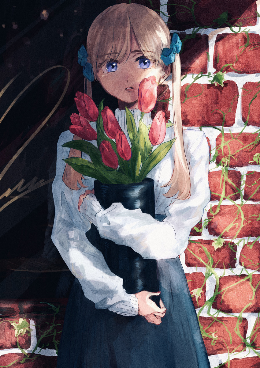 1girl absurdres black_skirt blonde_hair blue_bow blue_eyes bow brick_wall cowboy_shot dyuba000 flower hair_bow highres huge_filesize leaf long_hair looking_at_viewer original parted_lips pink_flower plant shirt shirt_tucked_in skirt sleeves_past_wrists solo tulip twintails vines white_shirt