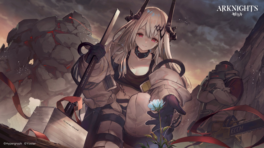 1girl 2others absurdres arknights big_bob_(arknights) black_shirt blue_flower breasts chainsaw clouds cloudy_sky coat commentary copyright_name crop_top demon_horns english_commentary english_text flower from_below golem hair_ornament hammer helmet highres holding holding_hammer horns infection_monitor_(arknights) large_breasts light_trail midriff mountain mudrock_(arknights) mudrock_colossus_(arknights) multiple_others navel official_art one_knee open_clothes open_coat oripathy_lesion_(arknights) outdoors pants red_eyes shirt sky smile umiu_geso watermark white_coat white_pants