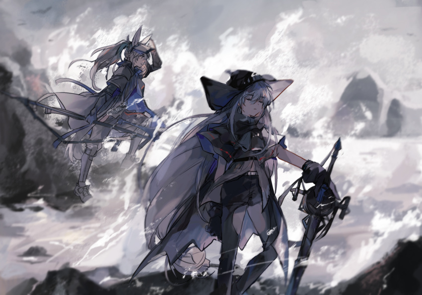 2girls animal_ears apple_da-ze arknights bangs black_cape black_headwear black_pants blue_sky building cape capelet closed_eyes clothing_cutout clouds coat commentary day grani_(arknights) grey_shirt hair_between_eyes hat highres holding holding_polearm holding_spear holding_weapon horse_ears horse_tail long_hair looking_afar looking_ahead low_ponytail multiple_girls open_clothes open_coat outdoors pants polearm ponytail shirt shoes shore silver_hair skadi_(arknights) sky sneakers spear tail thigh_cutout visor waves weapon