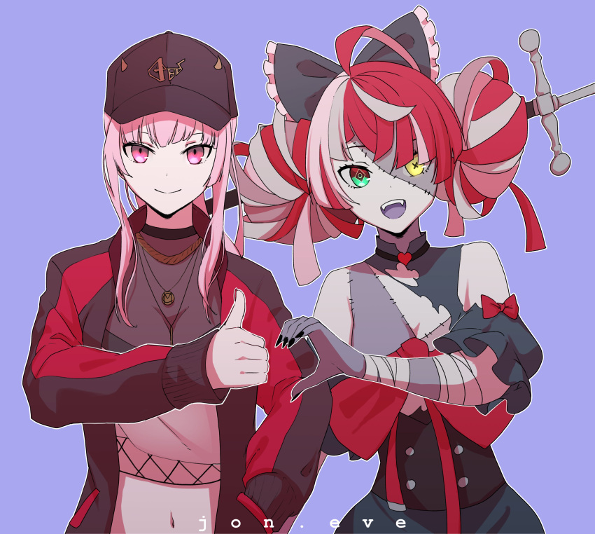 2girls absurdres ahoge artist_name baseball_cap black_bow black_dress black_headwear bow colored_skin double_bun dress eyebrows_behind_hair gradient_eyes green_eyes grey_hair grey_skin hair_bow hat heart_hand_thumb_up_duo heterochromia highres hololive hololive_english hololive_indonesia jacket jewelry jon_eve kureiji_ollie long_hair mori_calliope multicolored multicolored_eyes multicolored_hair multiple_girls navel necklace pink_hair ponytail purple_background red_bow red_eyes red_jacket redhead sidelocks smile stitched_face torn_clothes torn_dress virtual_youtuber yellow_eyes zombie