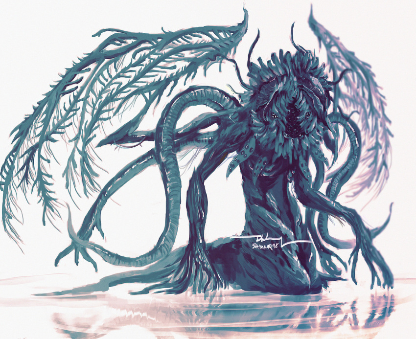 1other bloodborne character_request commentary eldritch_abomination english_commentary full_body looking_at_viewer monster no_humans reflection ripples shimhaq signature simple_background solo white_background wings