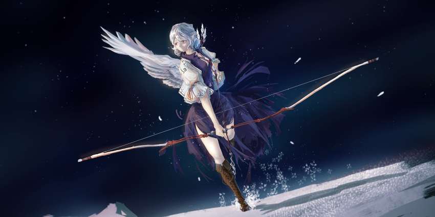 1girl absurdres adapted_costume angel_wings arrow_(projectile) bangs boots bow_(weapon) braid breasts brooch brown_footwear closed_mouth cross-laced_footwear dress dust_cloud dutch_angle expressionless falling_feathers feathered_wings french_braid full_body highres holding holding_arrow holding_bow_(weapon) holding_weapon horizon jacket jewelry kishin_sagume knee_boots lfacras looking_afar looking_to_the_side medium_breasts moon open_clothes open_jacket pointy_ears puffy_short_sleeves puffy_sleeves purple_dress red_eyes red_neckwear red_ribbon ribbon short_hair short_sleeves silver_hair single_wing sky solo space standing standing_on_one_leg star_(sky) starry_sky touhou weapon white_jacket wings