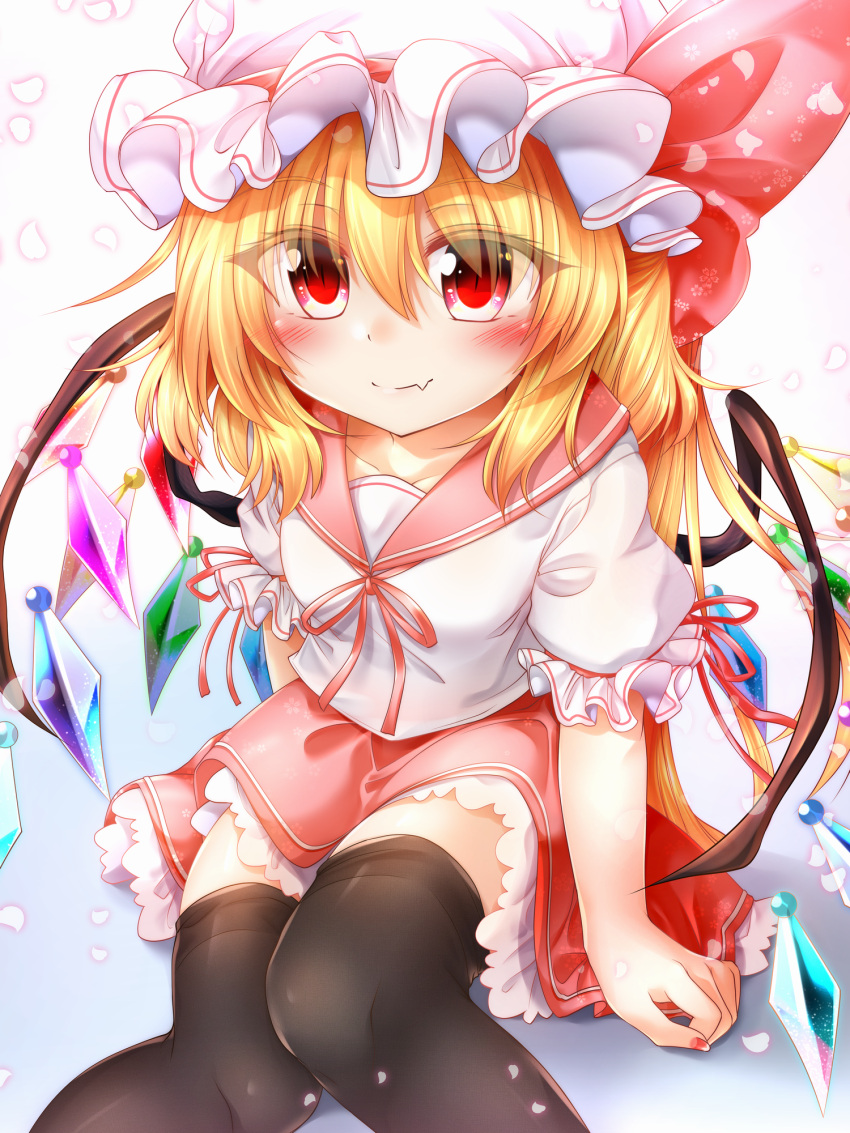 1girl bangs black_legwear blonde_hair blue_background blush bow breasts closed_mouth collar crystal eyebrows_visible_through_hair eyes_visible_through_hair flandre_scarlet gradient gradient_background hair_between_eyes hat hat_ribbon highres looking_at_viewer marukyuu_ameya medium_hair mob_cap multicolored multicolored_wings petals pink_bow pink_collar pink_neckwear pink_ribbon pink_skirt ponytail puffy_short_sleeves puffy_sleeves red_eyes red_nails ribbon school_uniform shirt short_sleeves sitting skirt small_breasts smile solo thigh-highs touhou white_background white_headwear white_shirt white_sleeves wings