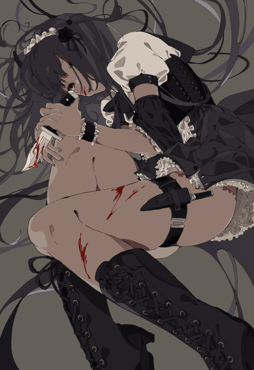 1girl black_dress black_footwear black_hair blood boots brown_background brown_eyes brown_nails dress floating_hair frills highres holding holding_knife knees_up knife long_hair original simple_background solo un_(un0044)