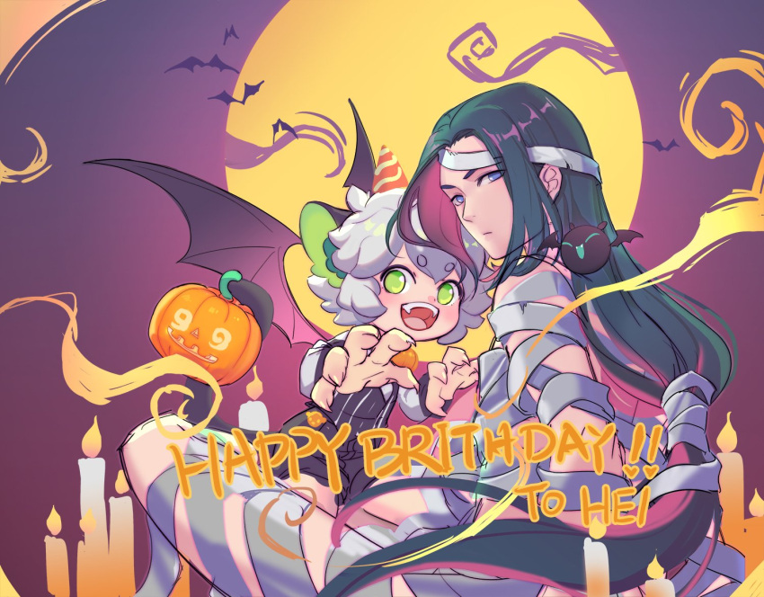 2boys animal_ears bandages bat_wings black_hair blue_eyes candle cat_boy cat_ears cat_tail fire green_eyes happy_birthday hat jack-o'-lantern long_hair luoxiaohei multiple_boys mummy_costume suncle tail the_legend_of_luo_xiaohei vampire_costume very_long_hair wings wuxian_(the_legend_of_luoxiaohei)