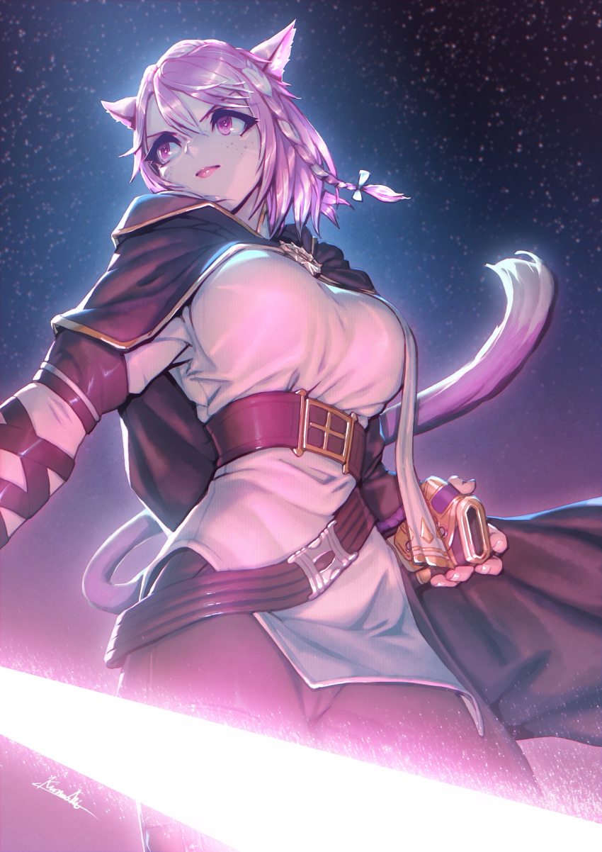 1girl animal_ears bangs belt breasts cat_ears cat_tail cloak cowboy_shot final_fantasy final_fantasy_xiv highres kio_naoki medium_breasts miqo'te pink_eyes pink_hair scabbard sheath short_hair sky solo star_(sky) starry_sky sword tail weapon