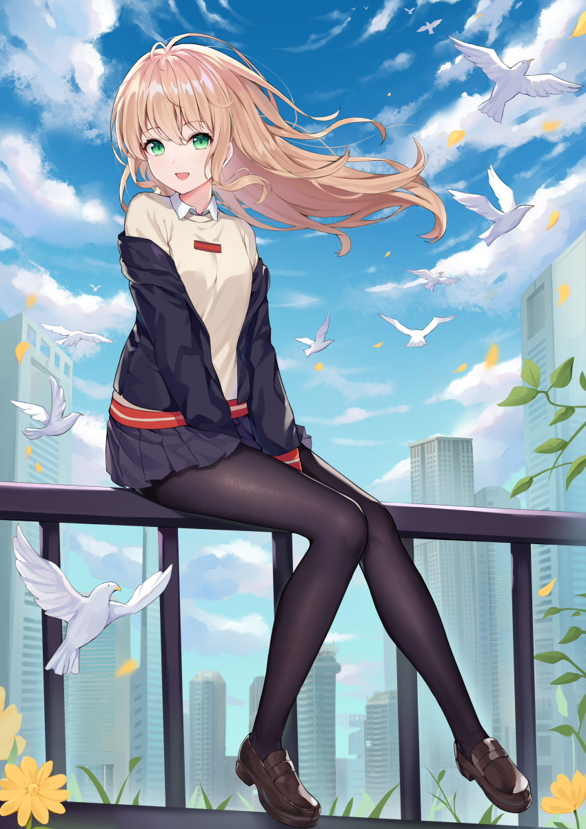 1girl :d absurdres between_legs bird black_jacket black_legwear black_skirt blonde_hair blue_sky clouds collared_shirt dove floating_hair green_eyes gridman_universe highres hokori_sakuni jacket leaf leaves_in_wind loafers long_hair long_sleeves looking_at_viewer minami_yume miniskirt off_shoulder open_clothes open_jacket open_mouth outdoors pantyhose pleated_skirt railing shirt shoes sitting skirt sky smile solo ssss.dynazenon white_shirt wind