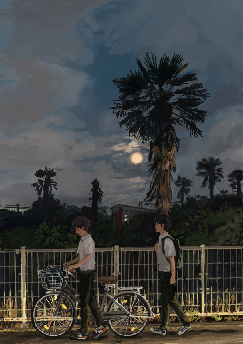2boys backpack bag bicycle black_footwear black_hair black_pants brown_hair bush closed_eyes closed_mouth clouds cloudy_sky commentary_request from_side full_body ground_vehicle highres male_focus minahamu moon multiple_boys night night_sky open_mouth original outdoors pants profile railing school_uniform shirt short_hair short_sleeves sky tree walking walking_bike white_shirt