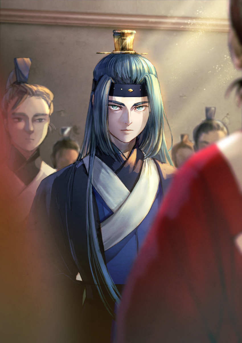 6+boys blue_eyes blue_hair blurry blurry_foreground clothing_request highres indoors lanxi_zhen light_beam long_hair looking_at_viewer micho multiple_boys shadow solo_focus the_legend_of_luo_xiaohei upper_body wuxian_(the_legend_of_luoxiaohei)