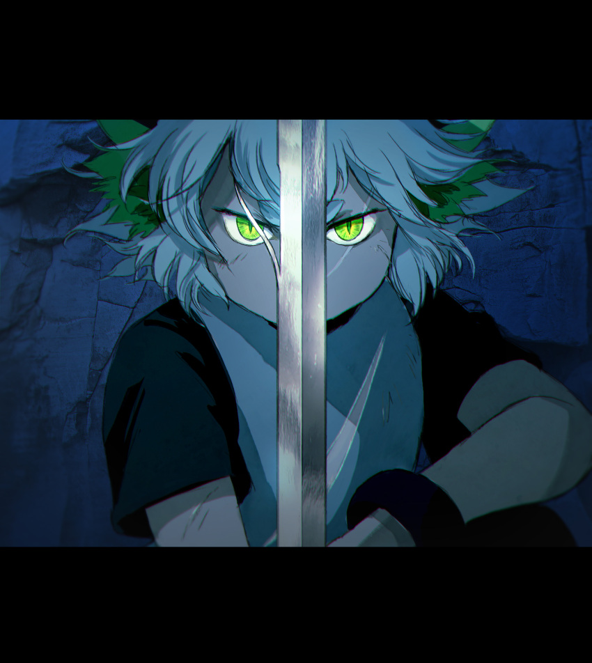 1boy animal_ears bangs cat_boy cat_ears covered_mouth derivative_work green_eyes highres holding holding_sword holding_weapon looking_at_viewer luoxiaohei micho scar screencap_redraw shadow short_hair short_sleeves slit_pupils solo sword the_legend_of_luo_xiaohei weapon white_hair
