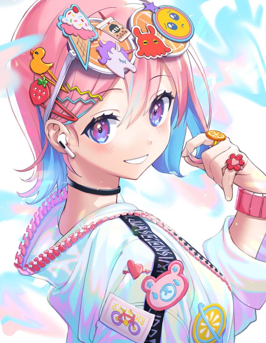 1girl air_pods artist_name bangs bear blue_hair blurry blurry_foreground blush bracelet bubble_tea eyebrows_visible_through_hair flower food food-themed_hair_ornament fruit hair_between_eyes hair_ornament hairclip heart heart_ring highres holographic_clothing ice_cream_cone jacket jewelry letta_illust long_sleeves looking_at_viewer looking_back multicolored multicolored_background multicolored_hair orange_(food) original patch pink_hair playing_with_own_hair portrait ring rubber_duck short_hair smile solo strawberry_hair_ornament sunglasses symbol_commentary unicorn zipper