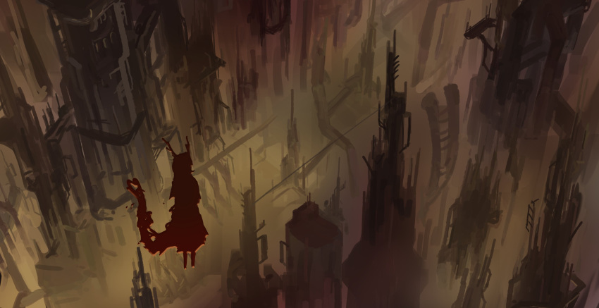 1girl absurdres antlers building cityscape commentary_request dragon_horns dragon_tail facing_away floating fog highres horns kicchou_yachie lfacras perspective scenery short_hair silhouette solo tail touhou