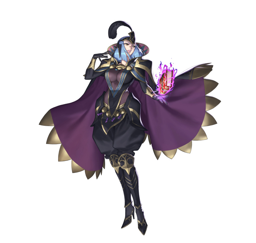 1girl absurdres arete_(fire_emblem) aura azusa_(hws) bangs blue_hair bodystocking book boots breasts cape commentary_request dark_aura feathers fire_emblem fire_emblem_fates fire_emblem_heroes floating floating_object full_body gloves glowing gold_trim hair_ornament high_heel_boots high_heels highres knee_boots large_breasts long_sleeves looking_away official_art open_mouth pants short_hair simple_background solo white_background yellow_eyes