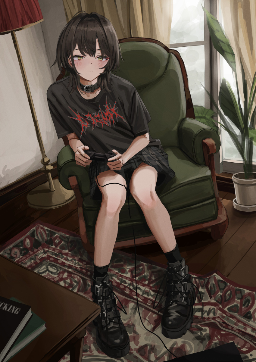 1girl absurdres bangs black_collar black_footwear black_hair black_shirt black_skirt blush book boots chair collar controller curtains game_console highres holding holding_controller indoors lamp medium_hair nadegata original plaid plaid_skirt plant shirt skirt solo table window yellow_eyes