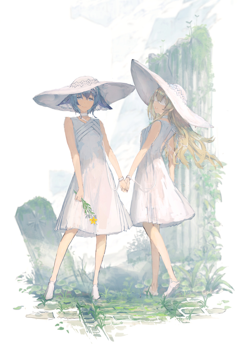 2girls absurdres animal_ears bandages bandages_over_eyes bangs bare_arms bare_legs black_hair blonde_hair blue_eyes choker closed_mouth commentary_request dress expressionless flower grass hat highres holding holding_flower holding_hands huge_filesize long_hair looking_at_viewer multiple_girls original outdoors parted_lips pillar plant ruins short_hair sleeveless sleeveless_dress sun_hat sundress tokiki_(tomok1) vines white_background white_choker white_dress white_footwear white_headwear yellow_flower