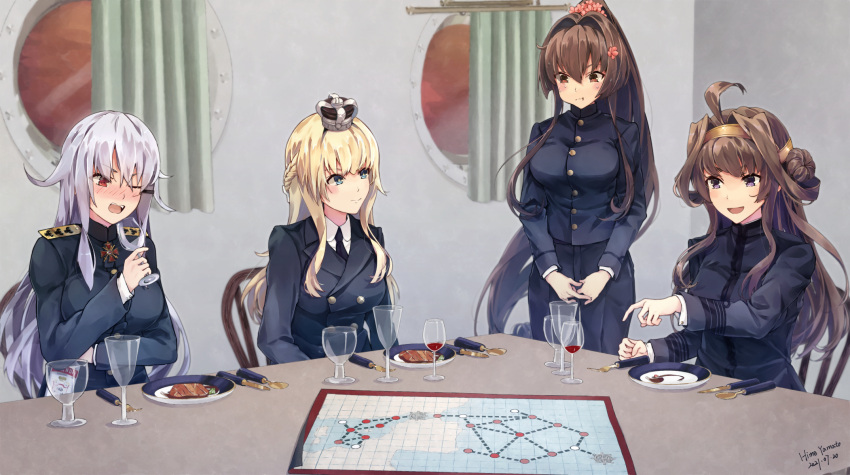 4girls ahoge alternate_costume blonde_hair blue_eyes blue_jacket braid breasts brown_eyes brown_hair buttons cherry_blossoms crown cup double-breasted double_bun drinking_glass epaulettes fork french_braid gangut_(kancolle) grey_hair hairband highres himeyamato jacket kantai_collection kongou_(kancolle) large_breasts long_hair long_sleeves map military military_uniform mini_crown multiple_girls orange_eyes plate ponytail scar scar_on_cheek scar_on_face uniform warspite_(kancolle) yamato_(kancolle)