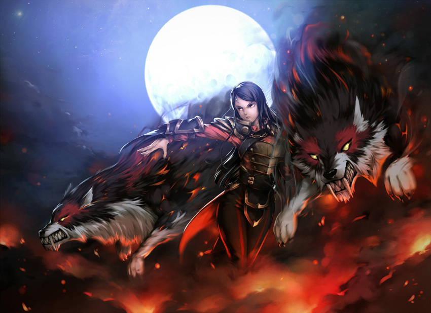1girl animal armor black_hair black_pants claws closed_mouth defense_of_the_ancients dota_2 full_moon gauntlets genderswap genderswap_(mtf) long_hair long_sleeves looking_to_the_side lycan_(dota) moon night night_sky ohodavi outdoors pants red_shirt shirt sky solo wolf wolf_girl yellow_eyes