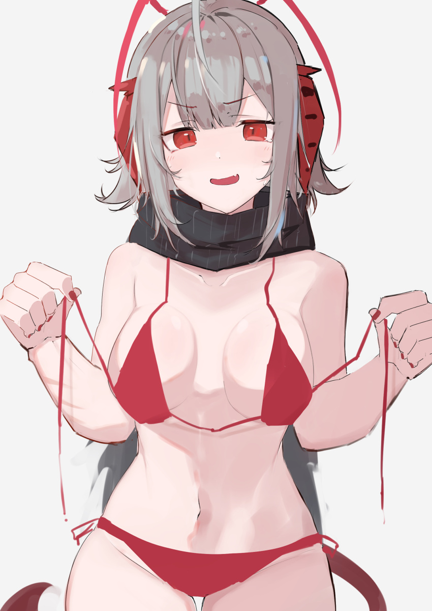 1girl absurdres ahoge arknights asususususu bangs bikini black_scarf blush breasts breasts_apart collarbone commentary_request demon_horns eyebrows_visible_through_hair fang front-tie_top grey_hair heart highres holding_strap horns medium_breasts navel open_mouth red_bikini red_eyes red_nails scarf short_hair simple_background skin_fang smile solo swimsuit tail untied untied_bikini w_(arknights) white_background