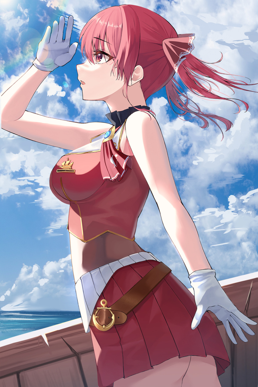 1girl bare_arms bare_shoulders belt bodystocking breasts clouds cloudy_sky cowboy_shot crop_top from_side gloves gold_trim highres hololive houshou_marine junkt729 large_breasts long_hair looking_up miniskirt outdoors parted_lips pleated_skirt profile red_eyes red_skirt red_vest redhead shading_eyes skirt sky solo sunlight twintails vest virtual_youtuber white_gloves