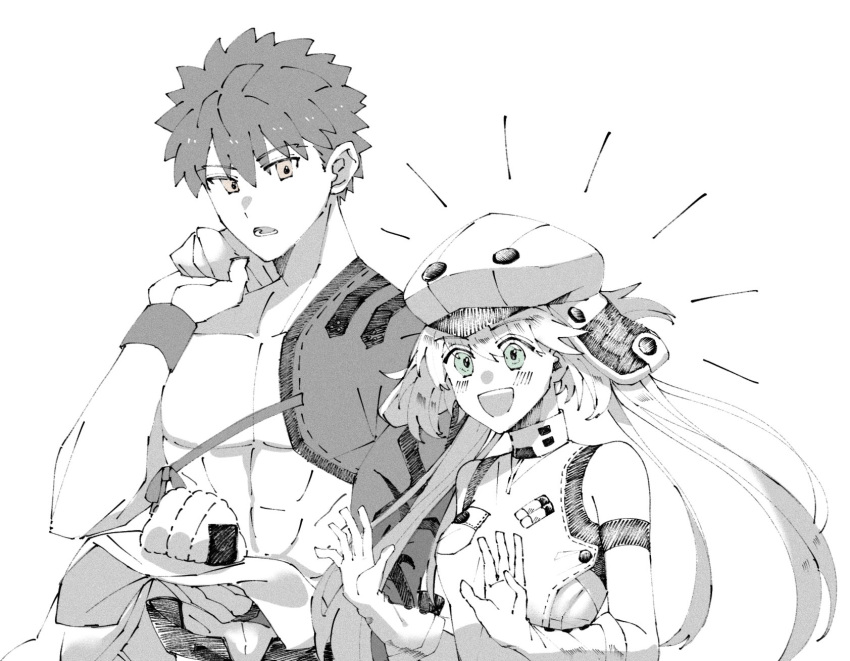 1boy 1girl artoria_pendragon_(all) artoria_pendragon_(caster)_(fate) emiya_shirou euhage73 eyebrows_visible_through_hair fate/grand_order fate_(series) food gloves green_eyes greyscale happy hat highres holding holding_food igote limited/zero_over monochrome onigiri open_mouth sengo_muramasa_(fate) simple_background smile spiky_hair spot_color toned toned_male upper_body white_background wristband yellow_eyes