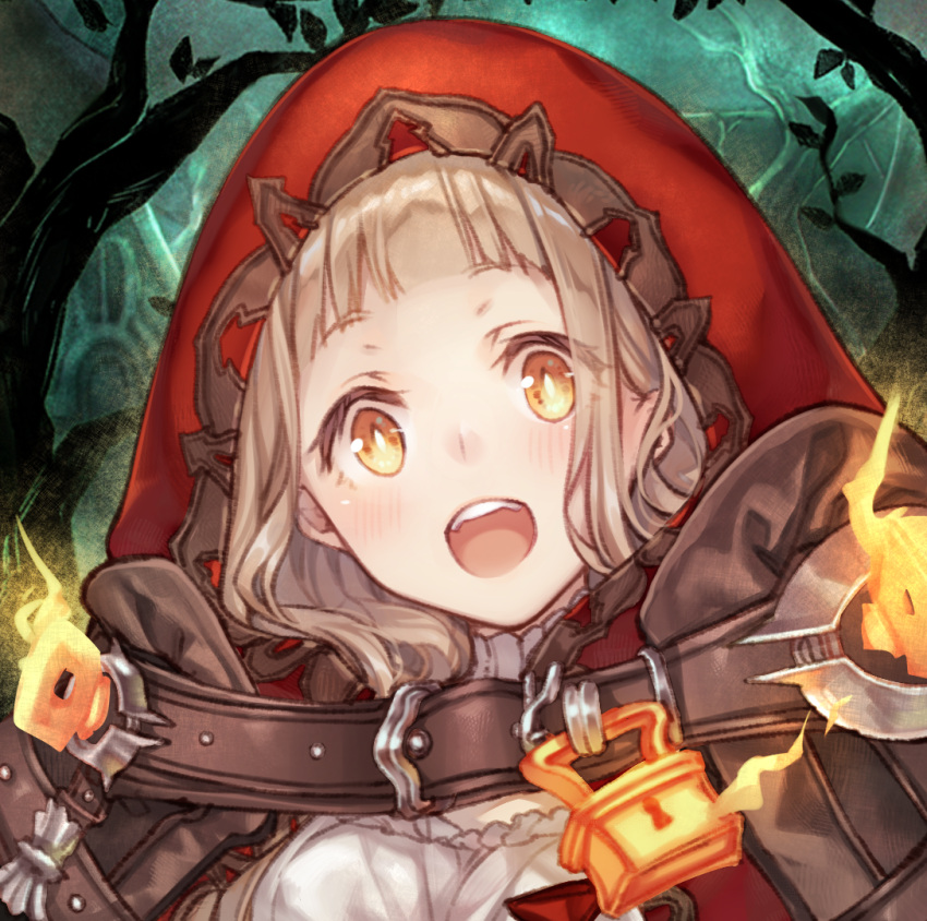 1girl :d bangs black_jacket blonde_hair hair_between_eyes jacket little_red_riding_hood_(sinoalice) lock long_hair looking_at_viewer open_mouth portrait red_hood sinoalice smile solo teeth teroru tree tree_branch yellow_eyes