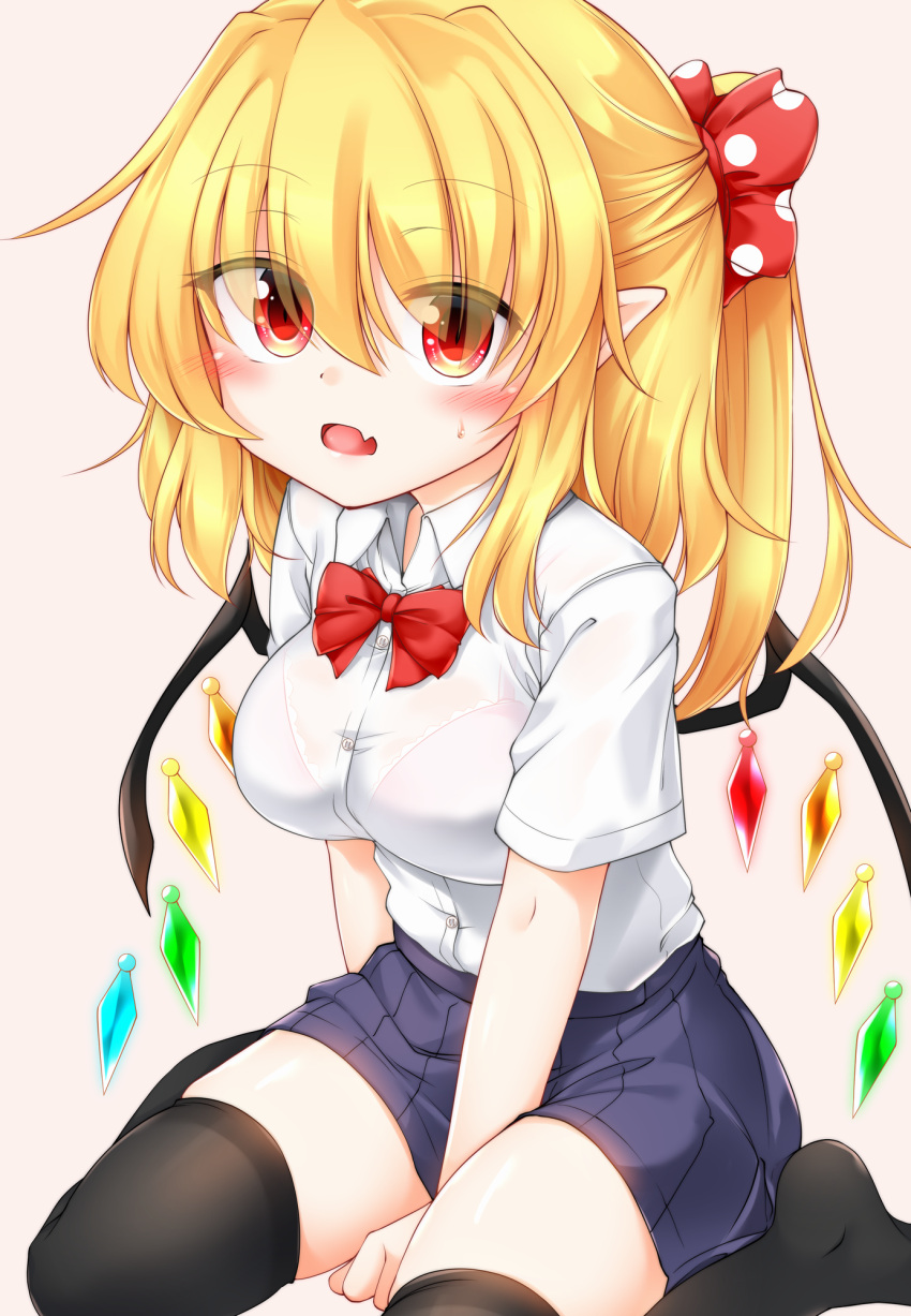 1girl bangs black_legwear blonde_hair blue_skirt blush bow bra bra_through_clothes bralines breasts buttons collar crystal eyebrows_visible_through_hair eyes_visible_through_hair flandre_scarlet hair_between_eyes highres looking_at_viewer marukyuu_ameya medium_breasts medium_hair multicolored multicolored_wings open_mouth pink_background pink_bra ponytail red_bow red_eyes red_neckwear see-through seiza shirt short_sleeves simple_background sitting skirt solo thigh-highs touhou underwear wet wet_clothes wet_shirt white_collar white_shirt white_sleeves wings
