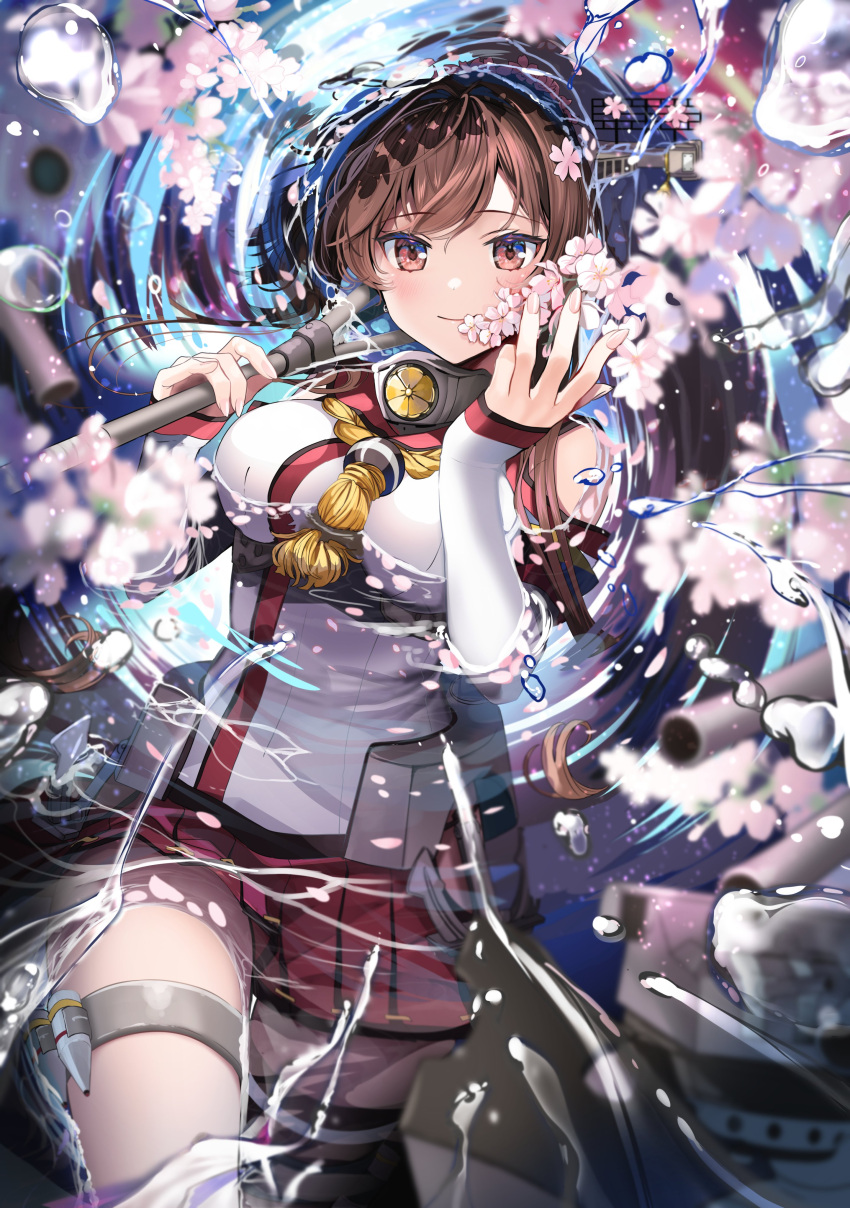 1girl absurdres breasts brown_eyes brown_hair cherry_blossoms cowboy_shot flower hair_flower hair_ornament headgear highres hip_vent in_water kantai_collection large_breasts long_hair machinery oil-paper_umbrella partially_submerged ponytail red_skirt red_umbrella single_thighhigh skirt smile solo thigh-highs turret umbrella underwater water yamato_(kancolle) yunamaro