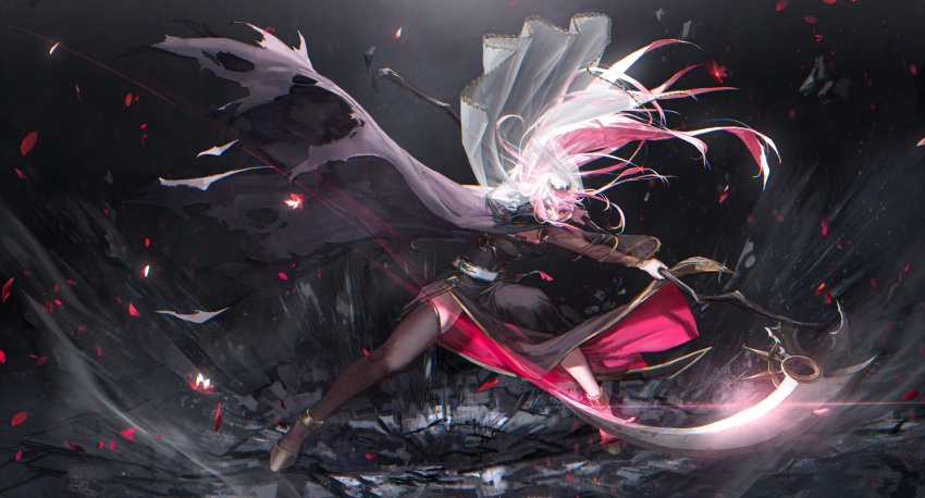 1girl absurdres belt cape commentary cracked_floor detached_sleeves dress highres hololive hololive_english long_dress long_hair mori_calliope petals pink_hair quasarcake scythe see-through_sleeves single_thighhigh symbol_commentary thigh-highs veil virtual_youtuber