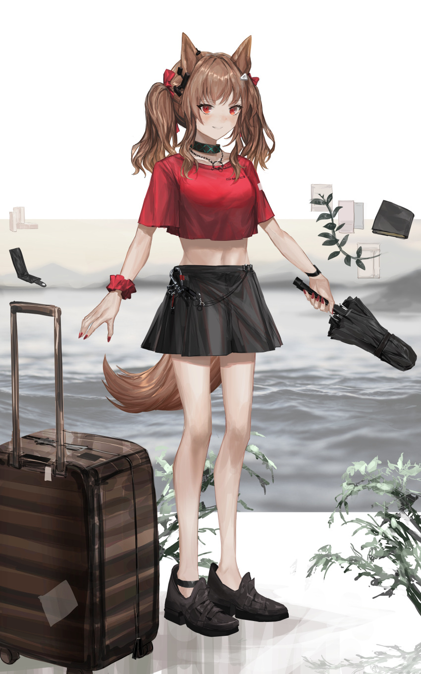 1girl absurdres akatone angelina_(arknights) animal_ears ankle_strap arknights bare_legs black_footwear black_skirt brown_hair closed_mouth closed_umbrella commentary crop_top fox_ears fox_tail full_body highres holding holding_umbrella huge_filesize infection_monitor_(arknights) jacket jewelry loafers long_hair midriff nail_polish navel necklace plant red_eyes red_nails red_shirt shirt shoes short_sleeves shorts skirt smile sneakers solo suitcase tail twintails umbrella white_jacket wrist_cuffs