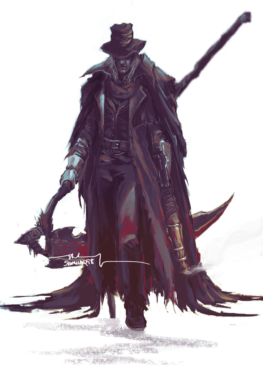 1boy black_pants bloodborne brown_coat brown_headwear brown_vest closed_mouth coat covered_eyes facing_viewer full_body gehrman_the_first_hunter gun hat highres holding holding_gun holding_scythe holding_weapon male_focus pants peg_leg prosthesis prosthetic_leg scythe shimhaq simple_background smoke smoking_gun solo standing vest weapon white_background white_hair