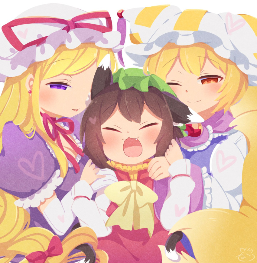 3girls :3 :d ;) animal_ears bangs blonde_hair blush bow brown_hair cat_ears cat_tail chen choker closed_eyes closed_mouth commentary_request dress elbow_gloves eyebrows_visible_through_hair fang fox_ears fox_tail frills gloves gold_trim green_headwear hair_bow hair_ribbon happy hat hat_ribbon heart highres ibaraki_natou long_hair long_sleeves mob_cap multiple_girls multiple_tails nekomata no_lineart one_eye_closed open_mouth parted_lips pillow_hat puffy_short_sleeves puffy_sleeves purple_dress red_bow red_choker red_dress red_eyes red_ribbon ribbon ribbon_choker short_hair short_sleeves signature simple_background smile tabard tail touhou tress_ribbon two_tails upper_body very_long_hair violet_eyes white_background white_dress white_headwear wide_sleeves yakumo_ran yakumo_yukari yellow_bow yellow_neckwear