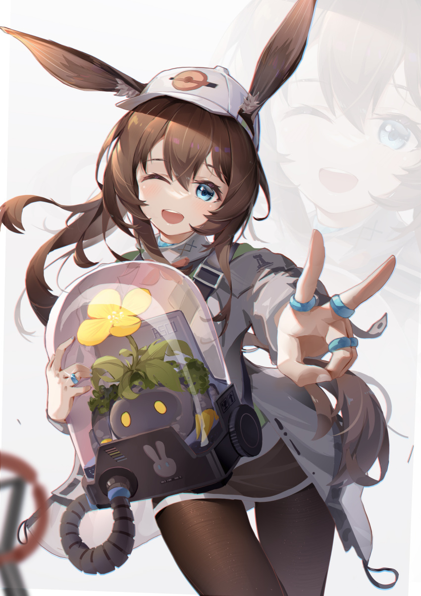 1girl ;d absurdres amiya_(arknights) animal_ear_fluff animal_ears arknights asc11 bag bangs baseball_cap blue_eyes blush brown_hair brown_legwear chinese_commentary chromatic_aberration commentary_request cowboy_shot creature dated_commentary ears_through_headwear eyebrows_visible_through_hair floating_hair flower hair_between_eyes hat highres holding jacket jewelry long_hair long_sleeves looking_at_viewer metal_crab_(arknights) multiple_rings one_eye_closed open_clothes open_jacket open_mouth outstretched_arm pantyhose plant ponytail rabbit_ears ring simple_background smile solo standing upper_teeth v very_long_hair white_background white_headwear white_jacket yellow_flower zoom_layer