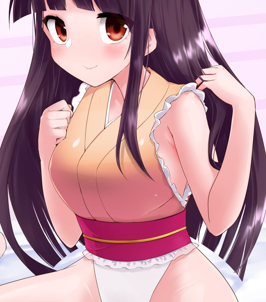 1girl bangs bare_shoulders belt black_hair blue_background breasts brown_eyes closed_mouth eyes_visible_through_hair gradient gradient_background hands_up harry_(namayake) highleg highres houraisan_kaguya leotard long_hair looking_at_viewer medium_breasts multicolored multicolored_background no_panties pink_background pink_belt seiza sitting sleeveless smile solo striped striped_background thighs touhou touhou_tag_dream wariza wrestling_outfit