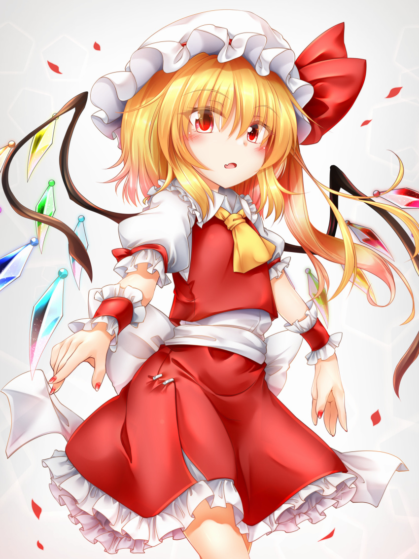1girl bangs belt blonde_hair blush bow breasts collar crystal eyebrows_visible_through_hair eyes_visible_through_hair flandre_scarlet frills gradient gradient_background grey_background hair_between_eyes hat hat_ribbon highres looking_at_viewer marukyuu_ameya mob_cap multicolored multicolored_wings open_mouth petals ponytail puffy_short_sleeves puffy_sleeves red_eyes red_nails red_ribbon red_skirt red_vest ribbon shirt short_hair short_sleeves skirt small_breasts solo standing touhou vest white_background white_belt white_bow white_collar white_headwear white_shirt white_sleeves wings wrist_cuffs yellow_neckwear