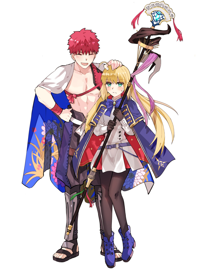 1boy 1girl absurdres ahoge appleale19 artoria_pendragon_(all) artoria_pendragon_(caster)_(fate) bangs belt blonde_hair blush boots cape cloak closed_eyes coat emiya_shirou eyebrows_visible_through_hair fate/grand_order fate_(series) full_body gloves green_eyes hand_on_another's_head hand_on_hip headpat highres holding holding_staff limited/zero_over pantyhose redhead ribbon sengo_muramasa_(fate) simple_background skirt smile staff sweatdrop white_background white_cape wristband