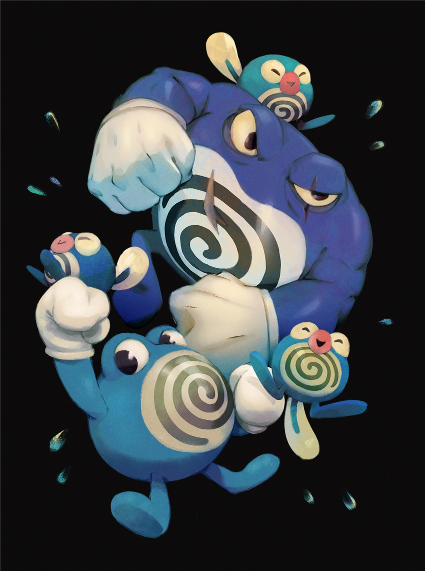 black_background clenched_hand english_commentary evolutionary_line gen_1_pokemon gloves highres mosaur no_humans pokemon pokemon_(creature) poliwag poliwhirl poliwrath scar scar_across_eye simple_background white_gloves