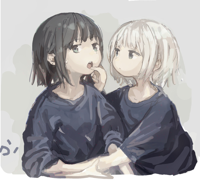 2girls arm_grab black_hair expressionless finger_in_another's_mouth highres multiple_girls open_mouth original roisa short_hair sketch sweatdrop upper_body white_hair yuri