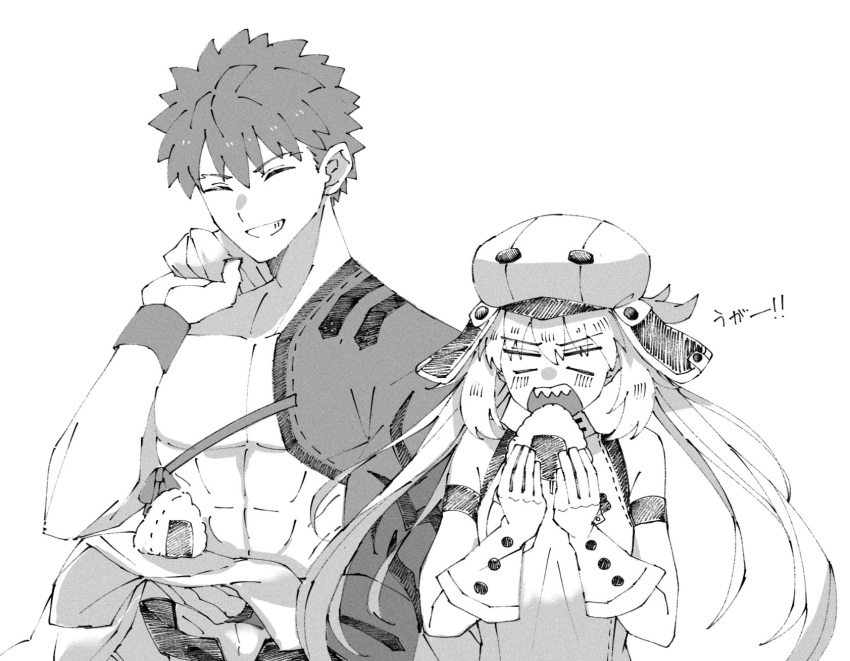 1boy 1girl artoria_pendragon_(all) artoria_pendragon_(caster)_(fate) blush closed_eyes eating emiya_shirou euhage73 eyebrows_visible_through_hair fate/grand_order fate_(series) food gloves greyscale grin hat highres holding holding_food igote limited/zero_over monochrome onigiri open_mouth sengo_muramasa_(fate) sharp_teeth simple_background smile spiky_hair teeth toned toned_male upper_body white_background wristband