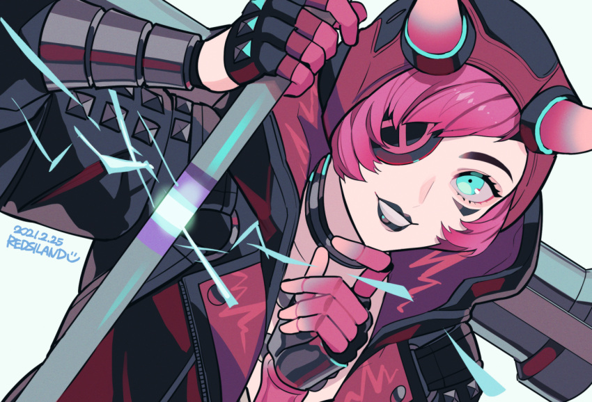 akagi_(redsiland) animification apex_legends black_gloves black_headwear black_jacket black_lips cyber_punked_wattson dated eyepatch fingerless_gloves gloves holding horns jacket lipstick looking_up makeup mechanical_arms official_alternate_costume one_eye_covered parted_lips pink_hair single_mechanical_arm smile wattson_(apex_legends)
