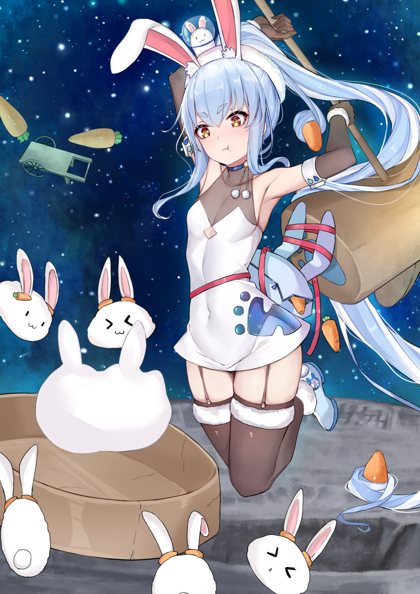 &gt;_&lt; &gt;o&lt; 1girl :3 :t alternate_costume alternate_hairstyle animal_bag animal_ear_fluff animal_ears arms_up bag bangs blue_choker blue_footwear blue_hair breasts brown_gloves brown_legwear bunny-shaped_pupils carrot_hair_ornament choker closed_mouth commentary_request covered_collarbone covered_navel crater dress elbow_gloves eyebrows_visible_through_hair food-themed_hair_ornament garter_straps gloves hair_ornament helmet highres holding holding_mallet hololive long_hair looking_away looking_down mallet mochi mochitsuki moon moon_rabbit mortar multicolored_hair nousagi_(usada_pekora) orange_eyes pom_pom_(clothes) ponytail rabbit_ears rabbit_girl sherryqq shiny shiny_hair short_dress short_eyebrows sidelocks sleeveless sleeveless_dress small_breasts space star_(sky) thick_eyebrows thigh-highs turtleneck two-tone_hair usada_pekora v-shaped_eyebrows very_long_hair virtual_youtuber wheelbarrow white_dress white_hair white_headwear