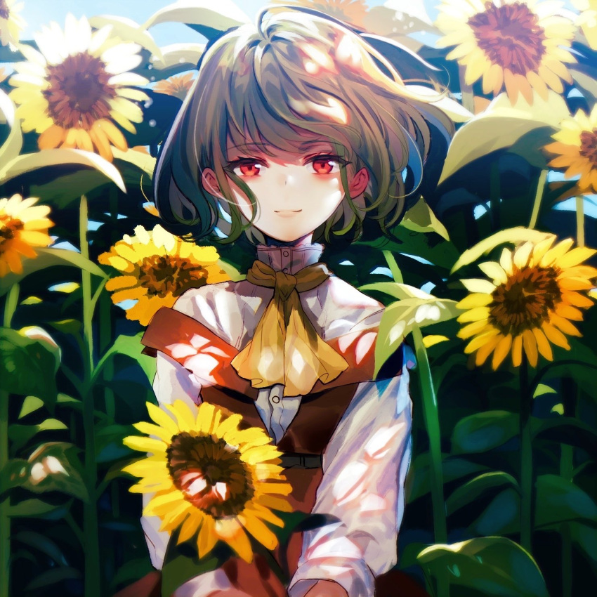 1girl acetylene-lamp adapted_costume ascot backlighting bangs belt blue_sky blurry blurry_background blush brown_belt closed_mouth commentary_request dappled_sunlight day dress eyebrows_visible_through_hair flower garden_of_the_sun green_hair hair_between_eyes highres holding holding_flower kazami_yuuka light_particles light_smile lips long_sleeves looking_at_viewer off-shoulder_dress off_shoulder red_dress red_eyes revision shiny shiny_hair shirt sky solo sunflower sunlight touhou turtleneck wavy_hair white_shirt wind yellow_neckwear