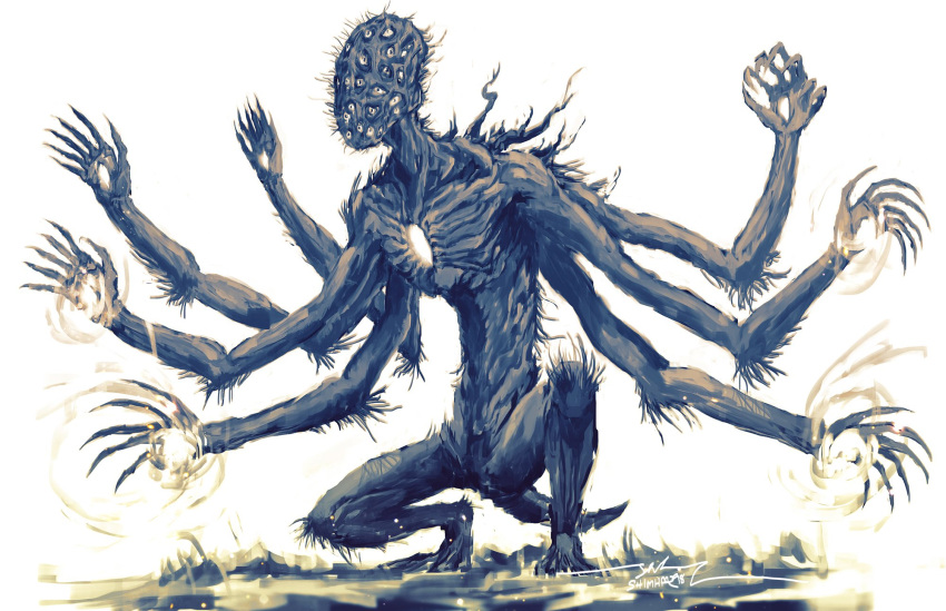 1other amygdala bloodborne eldritch_abomination extra_arms extra_eyes highres monster no_humans shimhaq signature simple_background solo squatting white_background