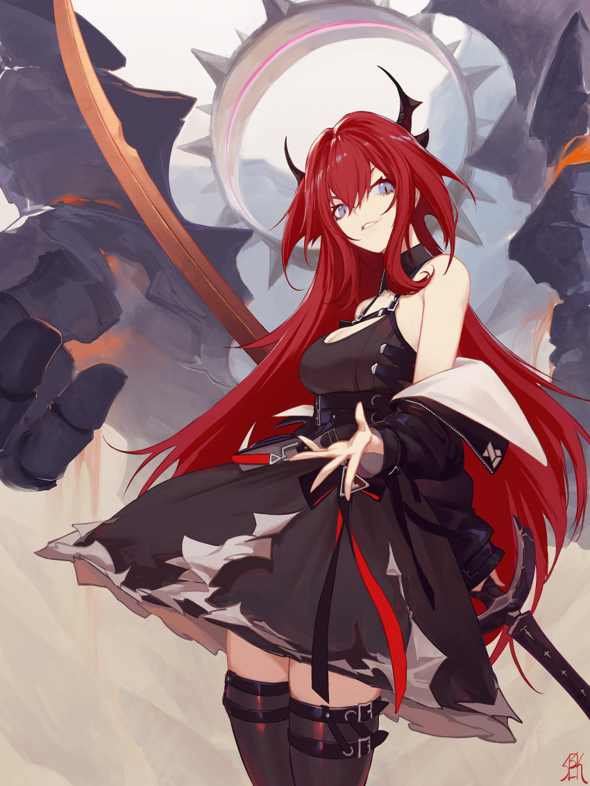 1girl absurdres arknights black_dress collar demon_girl demon_horns dress highres holding holding_weapon horns jacket looking_at_viewer redhead slit_pupils sosiick spiked_collar spikes surtr_(arknights) sword thigh-highs violet_eyes weapon