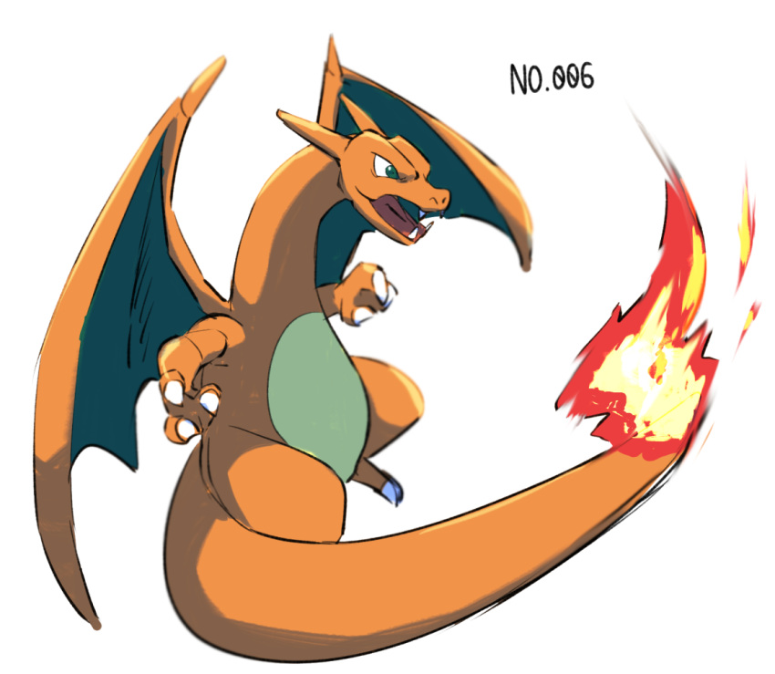 charizard claws fangs fire flame from_side gen_1_pokemon green_eyes morio_(poke_orio) no_humans number open_mouth pokedex_number pokemon pokemon_(creature) solo tongue white_background