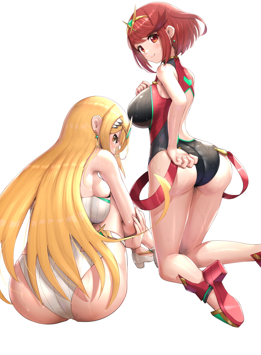2girls absurdres ass bangs black_swimsuit blonde_hair breasts competition_swimsuit from_behind gem gonzarez headpiece highres large_breasts legs long_hair multiple_girls mythra_(radiant_beach)_(xenoblade) mythra_(xenoblade) one-piece_swimsuit pyra_(pro_swimmer)_(xenoblade) pyra_(xenoblade) red_eyes red_swimsuit redhead revision ribbed_swimsuit sandals short_hair skindentation strapless strapless_swimsuit striped swept_bangs swimsuit thighs tiara two-tone_swimsuit vertical-striped_swimsuit vertical_stripes very_long_hair white_swimsuit xenoblade_chronicles_(series) xenoblade_chronicles_2 yellow_eyes