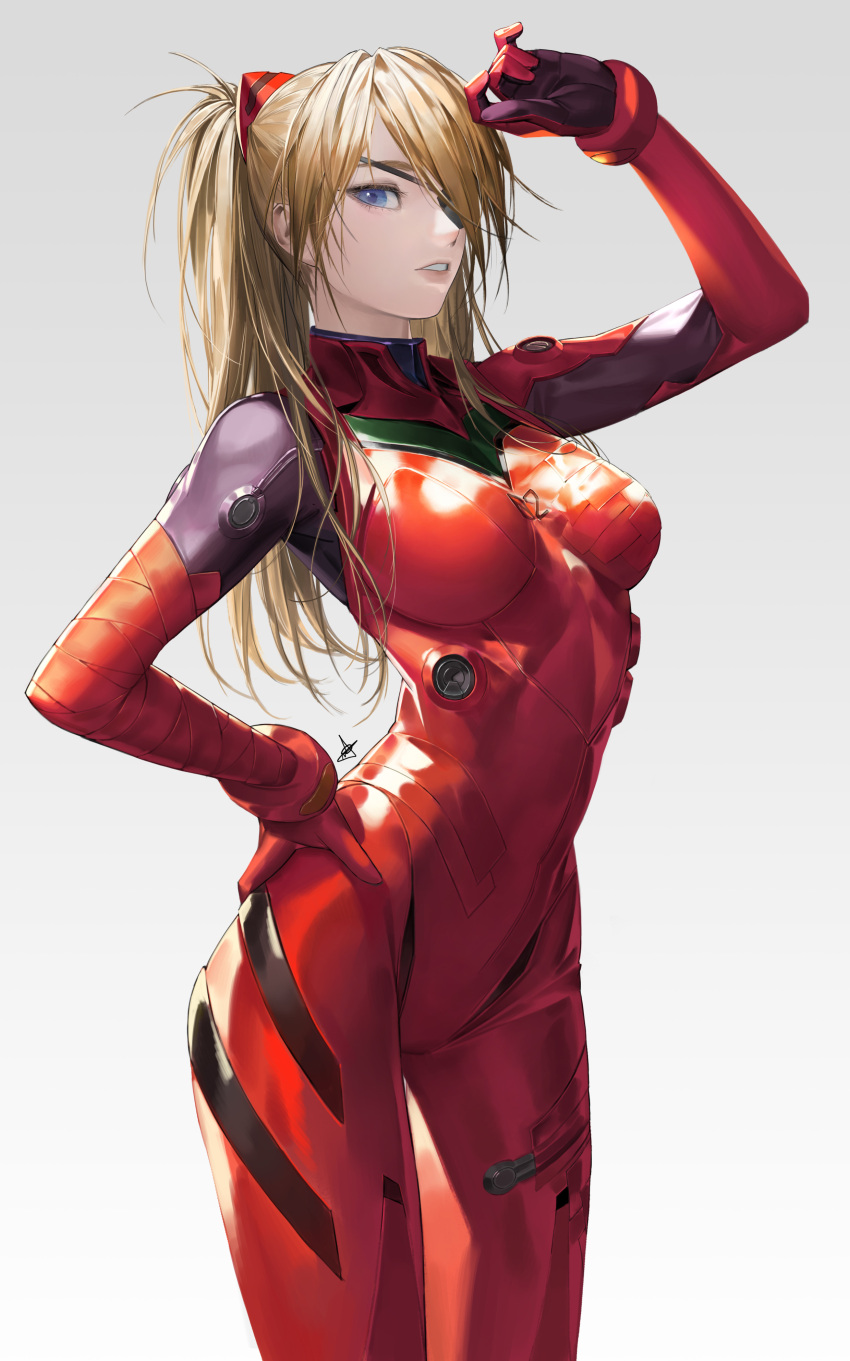 1girl absurdres arm_up bangs blue_eyes bodysuit breasts brown_hair cowboy_shot daeho_cha eyepatch hair_ornament hair_over_one_eye hand_on_hip highres lips long_hair medium_breasts neon_genesis_evangelion parted_lips plugsuit red_bodysuit simple_background solo souryuu_asuka_langley twintails two_side_up white_background