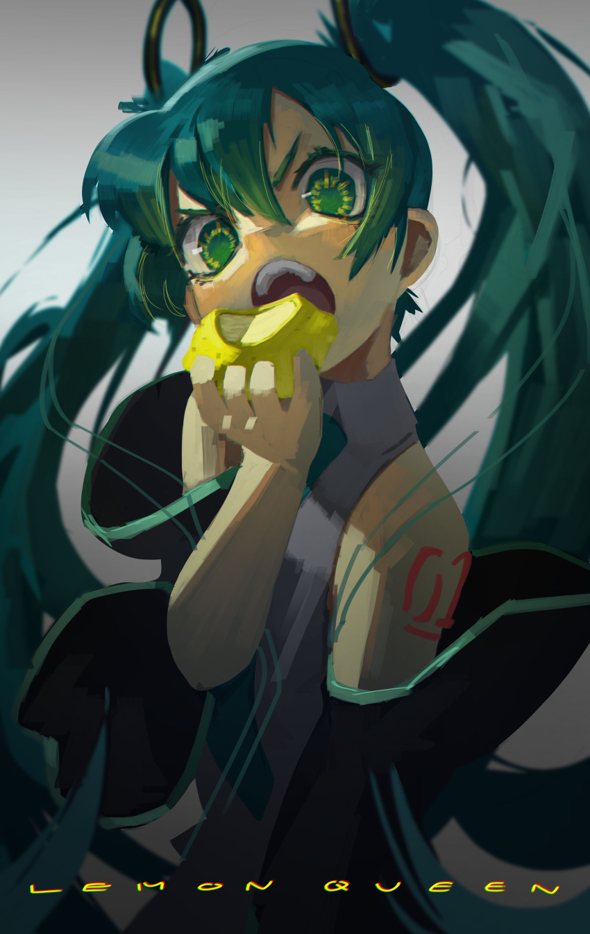 1girl absurdres black_sleeves detached_sleeves eating english_commentary english_text flat_chest food food_bite fruit green_eyes green_hair hair_between_eyes hatsune_miku highres holding holding_food holding_fruit lemon long_hair looking_at_viewer open_mouth reflection shoulder_tattoo solo tattoo topdylan very_long_hair vocaloid
