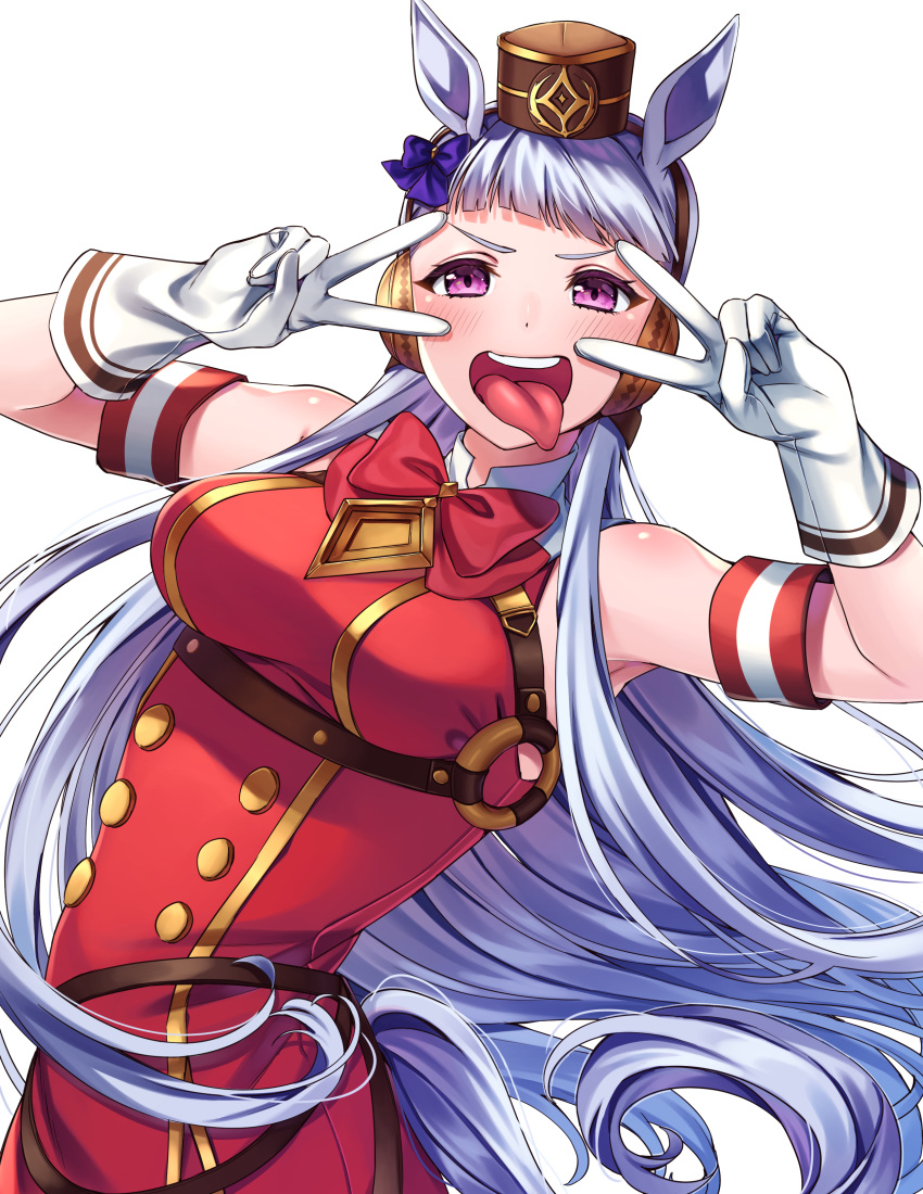 1girl absurdres animal_ears armband bangs blunt_bangs breasts double_v gloves gold_ship_(umamusume) highres horse_ears horse_girl inu8neko large_breasts long_hair looking_at_viewer open_mouth silver_hair solo tongue tongue_out umamusume upper_teeth v violet_eyes white_gloves